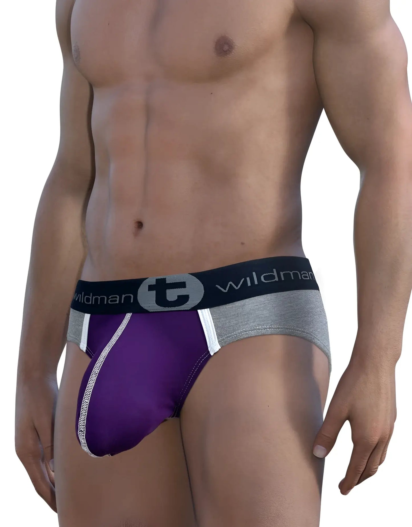 Purple and gray wildman modal big boy pouch brief with black waistband featuring wildman brand logo