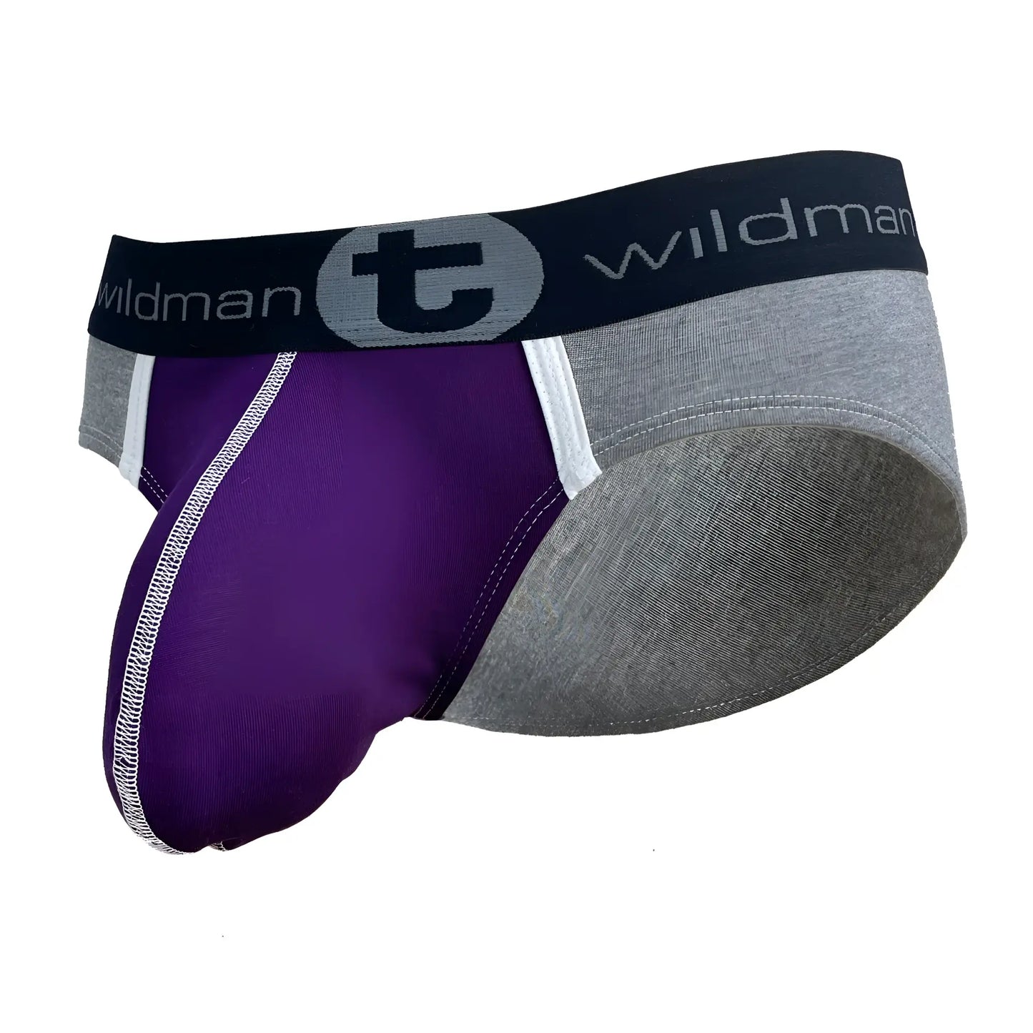 Purple and gray wildmanT modal big boy pouch brief with black waistband featuring wildman brand logo