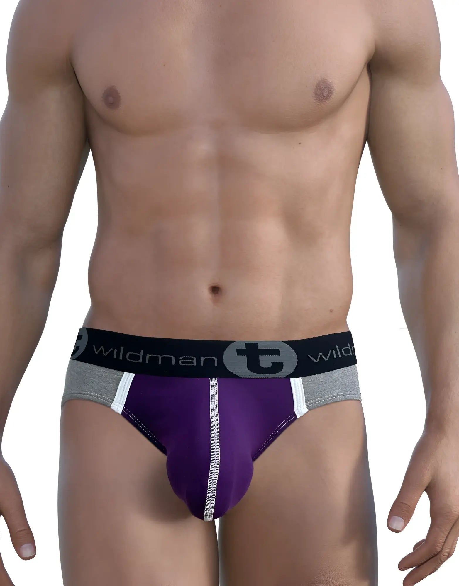 WildmanT purple modal pouch brief with grey sides, white piping, and a black branded elastic waistband.