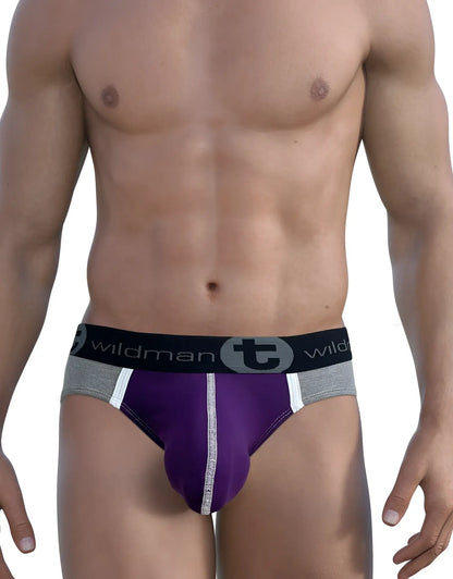 WildmanT purple modal pouch brief with grey sides, white piping, and a black branded elastic waistband.