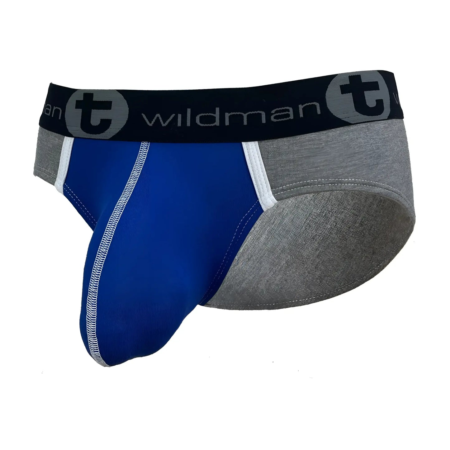 Wildmant modal big boy pouch brief in royal blue and gray with black waistband and wildman brand logo
