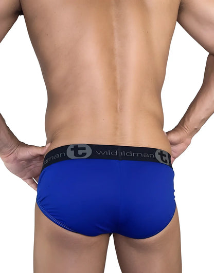 Wildman modal big boy pouch briefs in royal blue with black elastic waistband featuring wildman logo and stylized t emblem