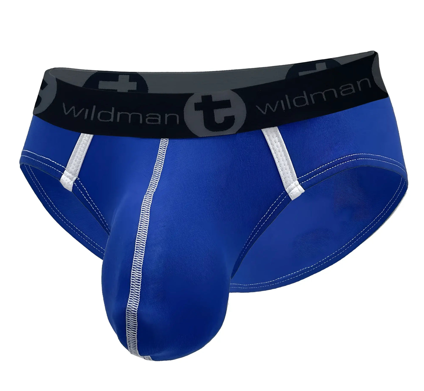 Wildmant modal big boy pouch briefs royal blue with black waistband logo and white stitching accents in blue wildman style
