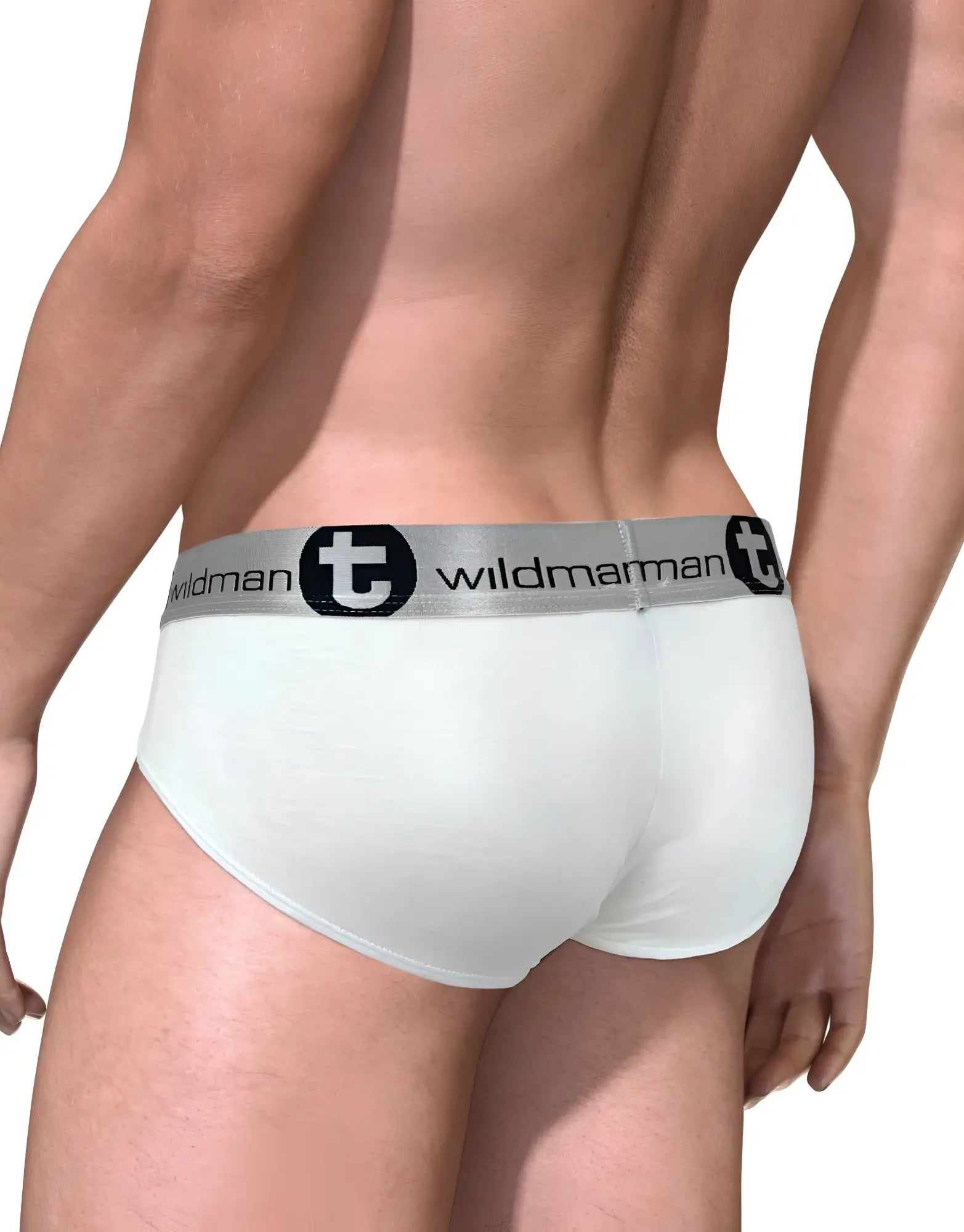 WildmanT modal big boy pouch brief in white with silver waistband featuring black logo and text