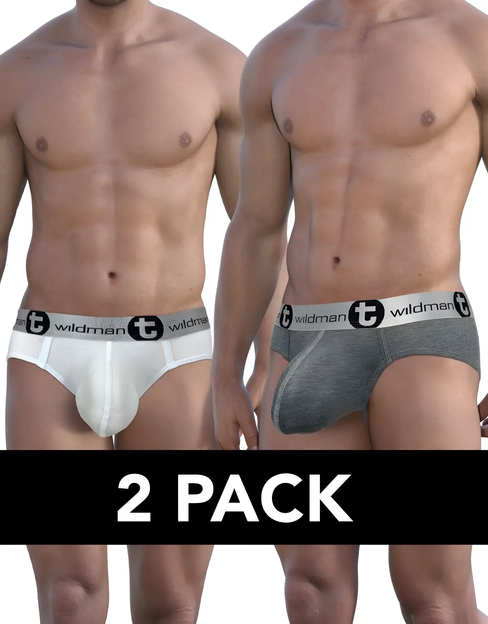 Wildmant modal big boy pouch briefs in white and heather gray with branded elastic waistbands 2-pack