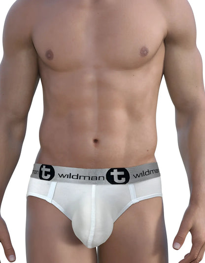 White wildman modal big boy pouch briefs with gray elastic waistband and black emblem 2 pack