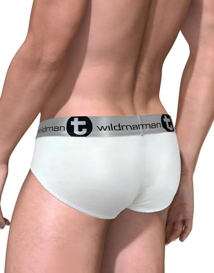 White wildman t-brand modal big boy pouch briefs with silver waistband black logo in a 2-pack