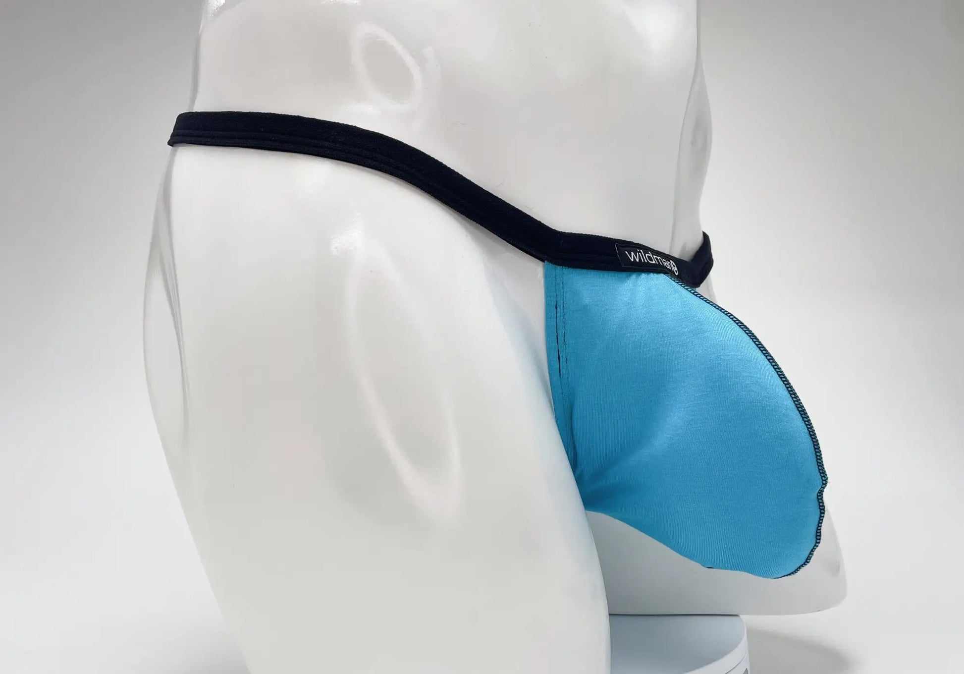 Wildmant modal micro thong big boy pouch briefs in baby blue with black elastic waistband and wildness brand label