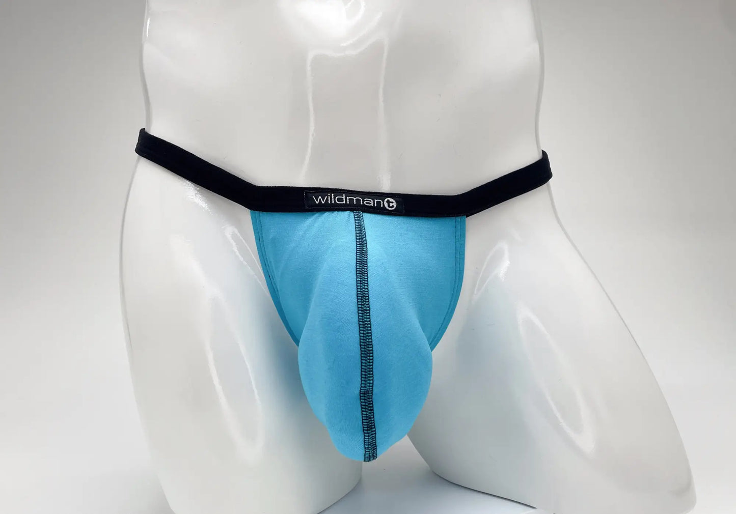 Light blue modal micro thong with a black wildman elastic waistband featuring a big boy pouch for athletic use