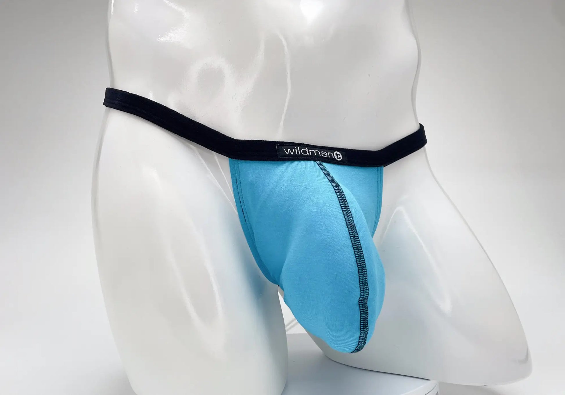 Light blue stretchy modal micro thong briefs with black elastic waistband and wildman brand logo in baby blue color