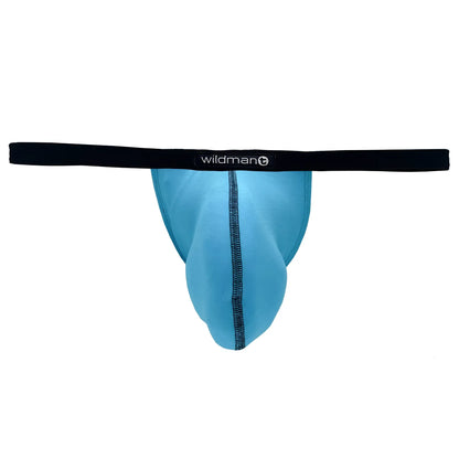 Light blue wildman brand modal micro thong with black waistband and matching stitching in baby blue color