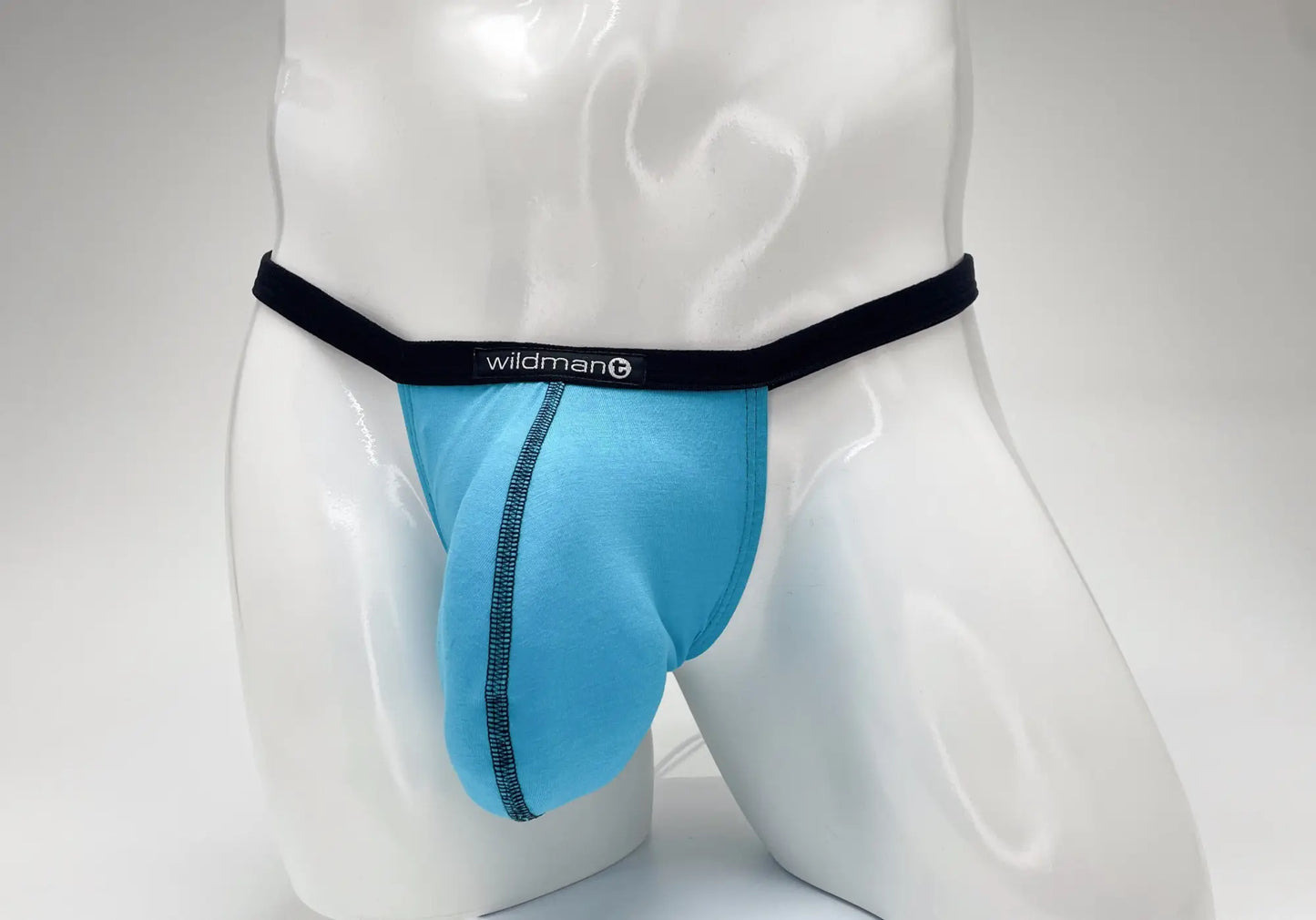 Blue wildman briefs with black elastic waistband and central seam detail made of modal microfiber fabric
