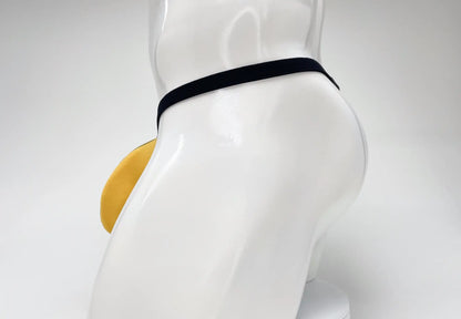 WildmanT gold modal micro thong with a large pouch, shown on a white mannequin torso from a side profile view.