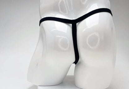 Wildmant modal micro thong big boy pouch in black displayed on white mannequin showing front view
