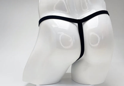 Black modal micro thong with big boy pouch displayed on white mannequin from wildmant product line