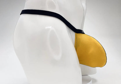 Gold modal micro thong with a large front pouch and thin black waistband, displayed on a white mannequin.