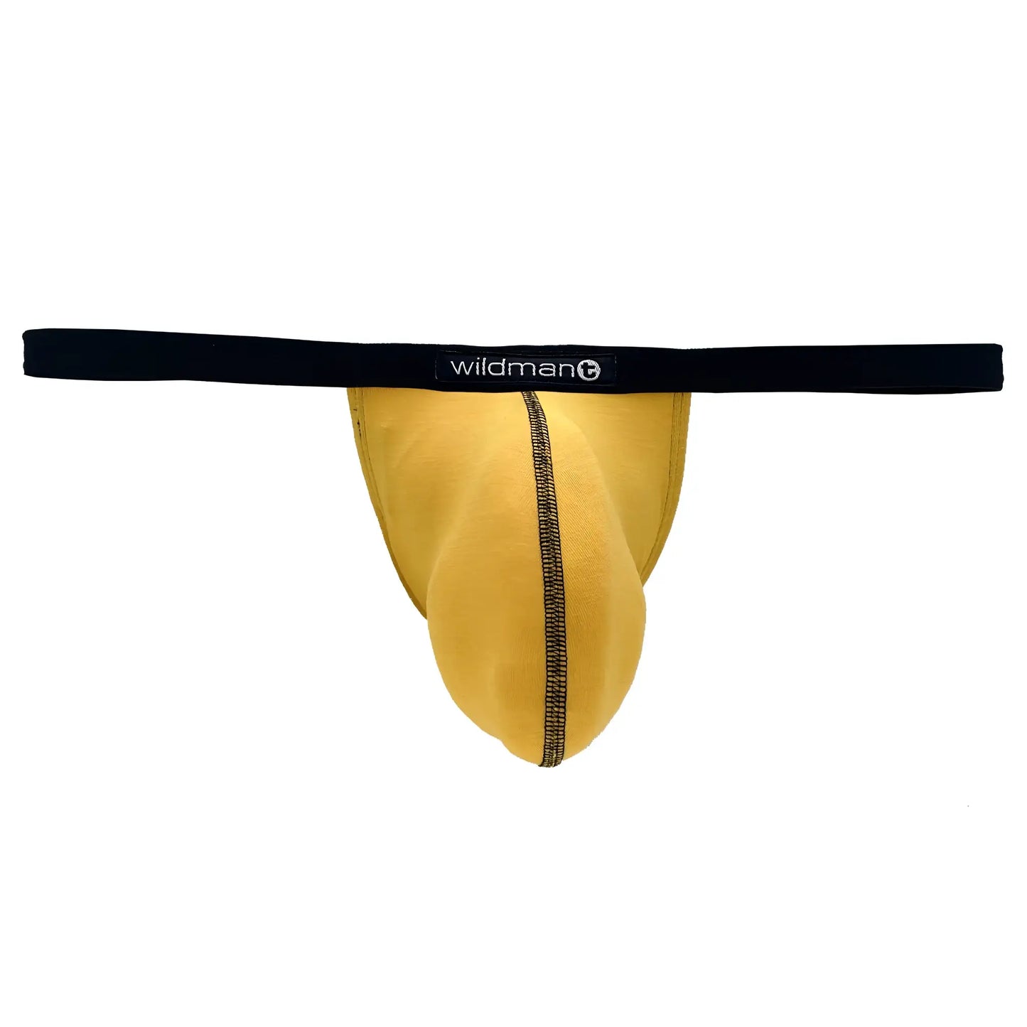 Gold WildmanT modal micro thong with a black waistband, featuring a centered WildmanT logo and black seam stitching.