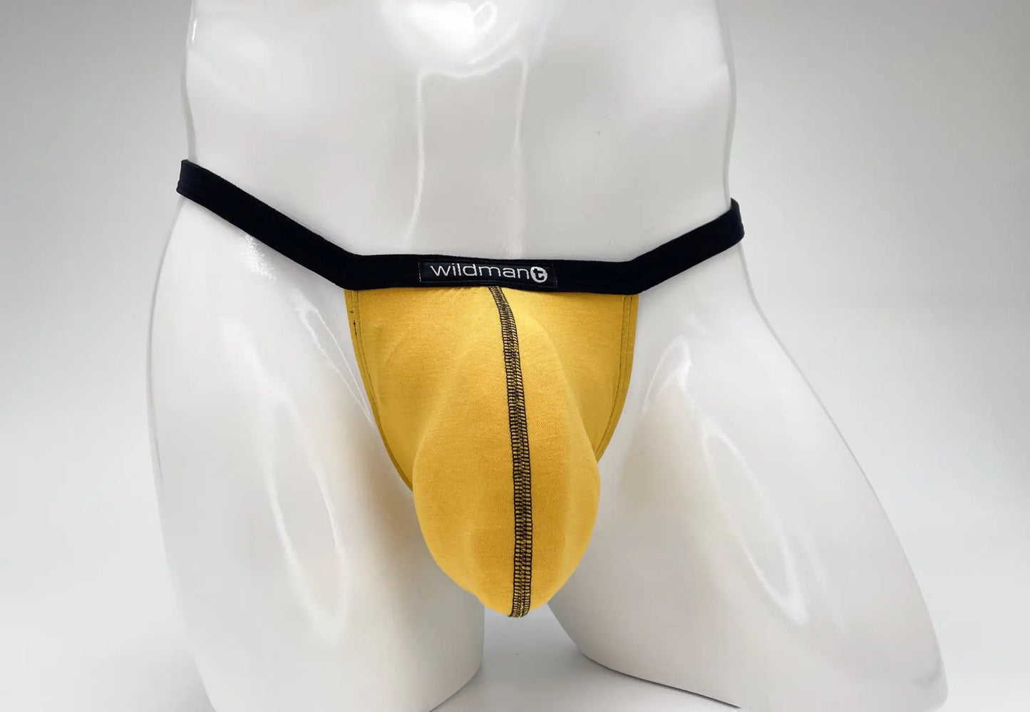 Yellow wildman modal micro thong big boy pouch featuring a black waistband and central zipper detail