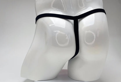 Back view of a white mannequin wearing a thin, black thong with a minimalist strap design.