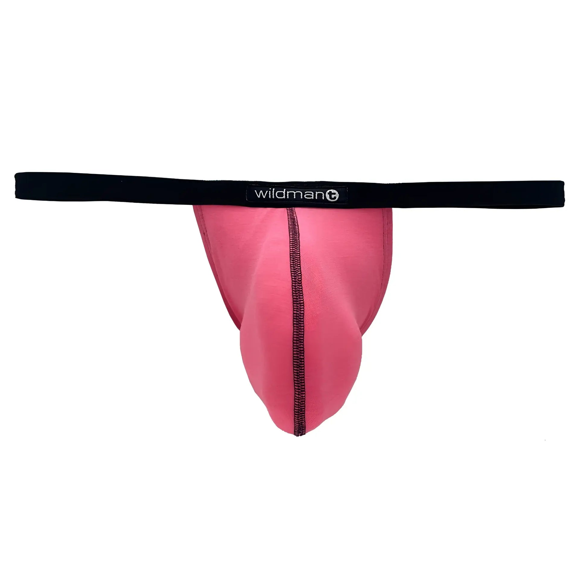 Pink wildman brand modal micro thong with black waistband and central seam featuring big boy pouch design