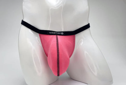 Pink wildman brand modal micro thong briefs with black waistband and central seam in big boy pouch design