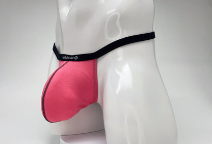 Pink wildman brand men’s supportive modal micro thong briefs with black waistband and big boy pouch design