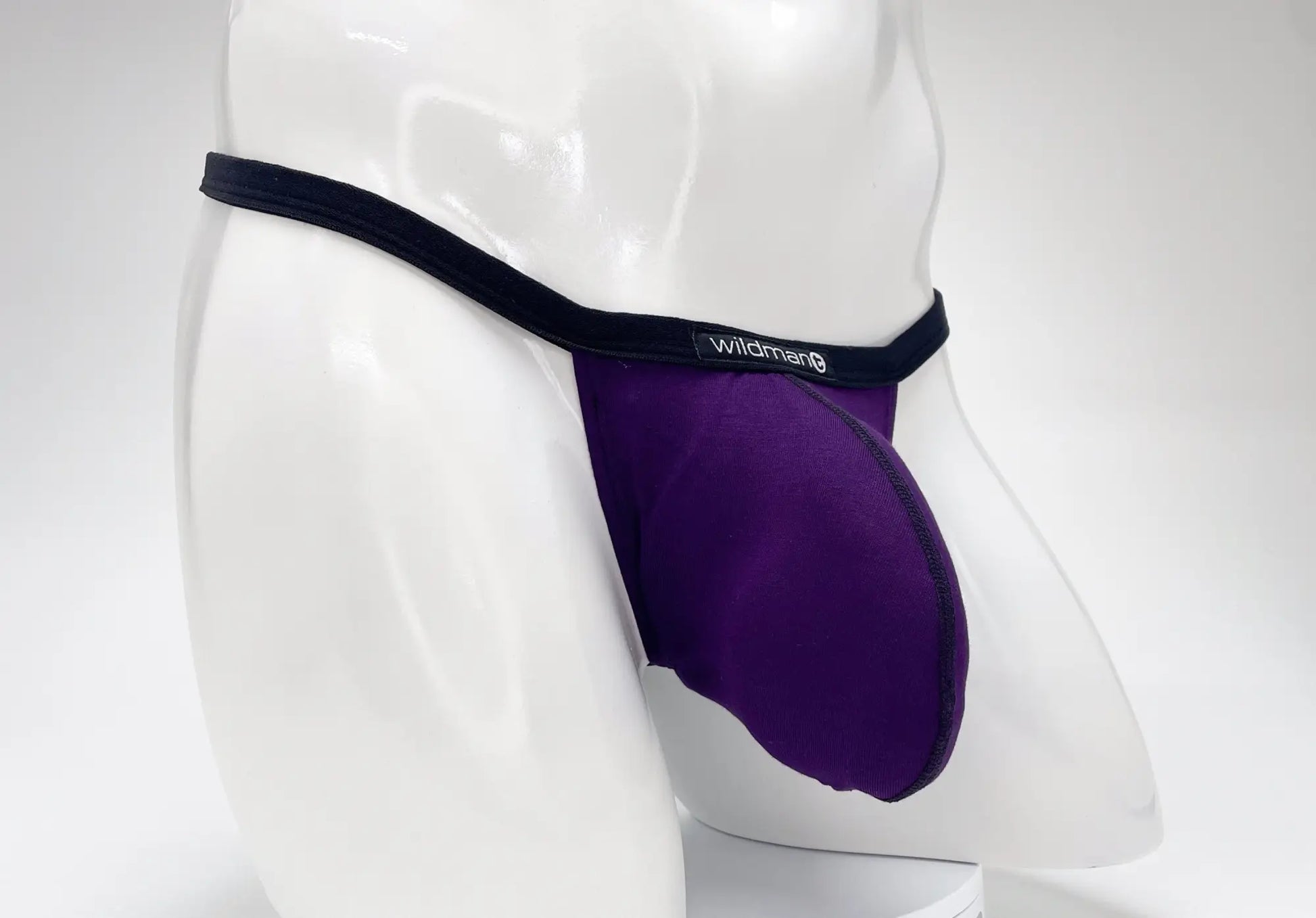 Purple wildman modal micro thong with big boy pouch and black elastic waistband shown from the back side