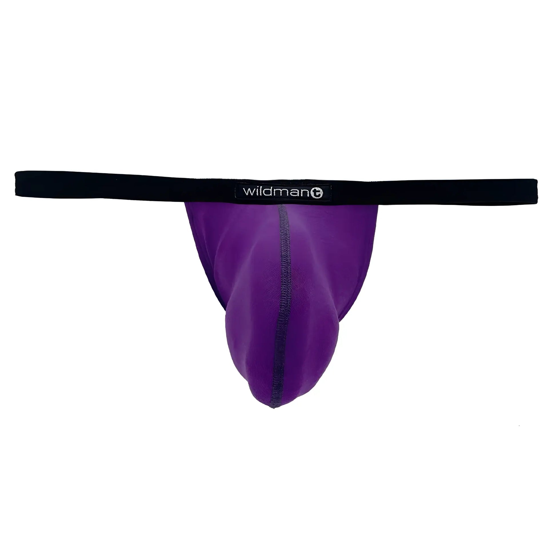 Purple wildman brand modal micro thong with black waistband featuring big boy pouch for comfortable wear