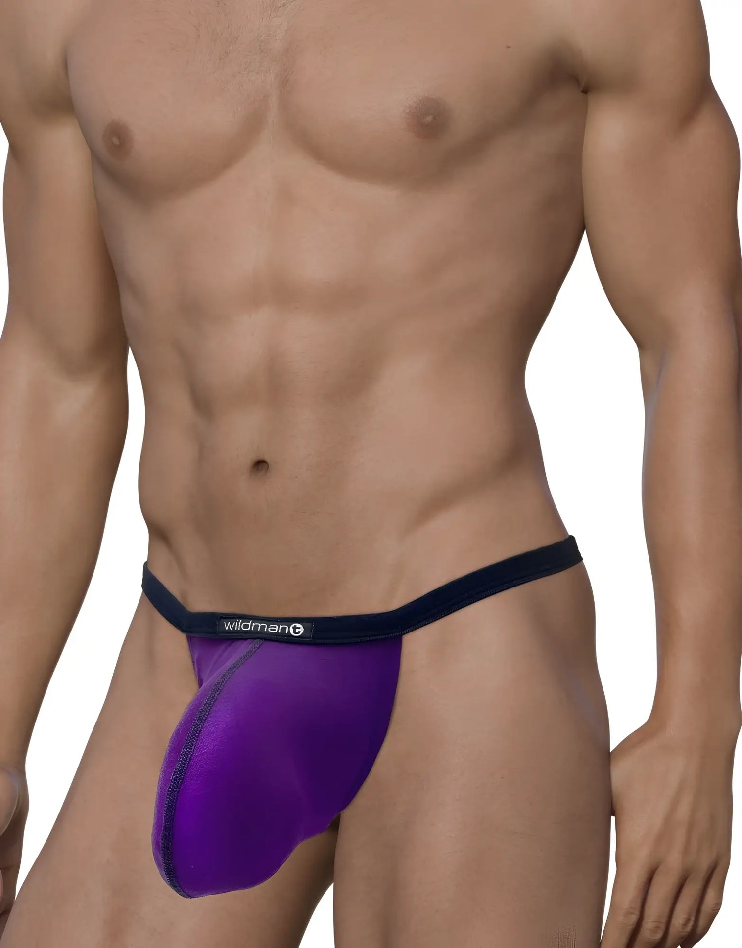Purple wildmen brand modal micro thong with navy blue waistband featuring big boy pouch for comfortable support