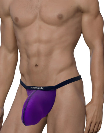 Purple wildmen brand modal micro thong with navy blue waistband featuring big boy pouch for comfortable support