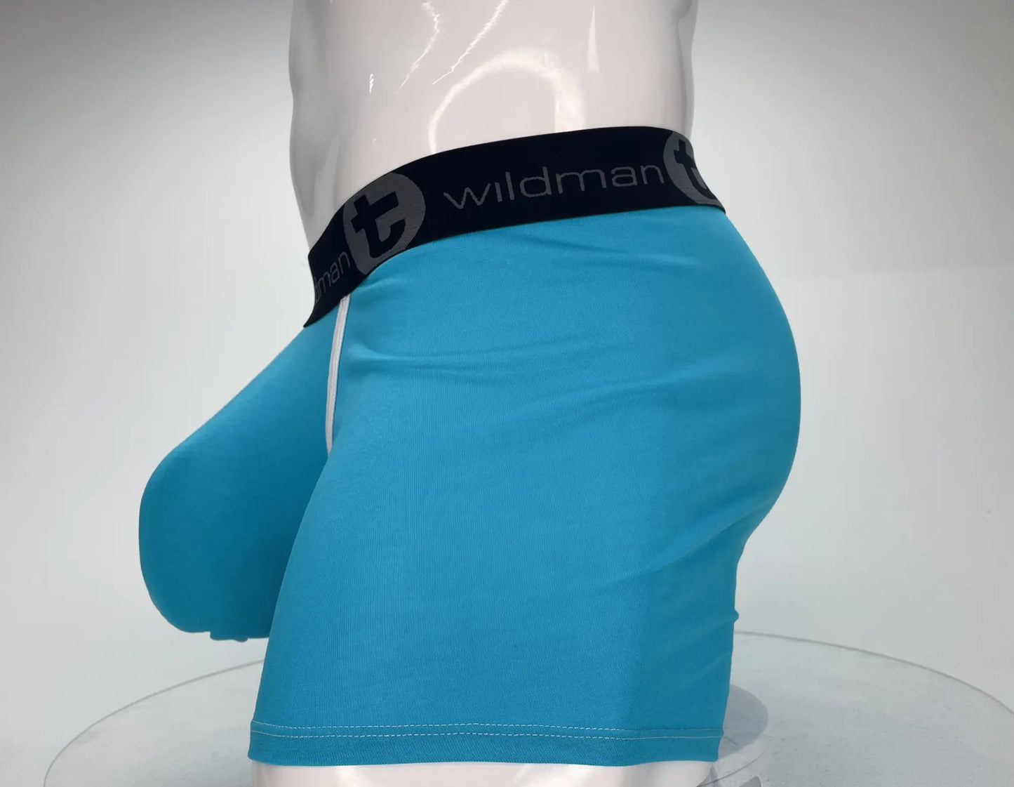 Bright blue wildman modal monster cock 5 inch inseam boxer brief with black waistband in baby blue color