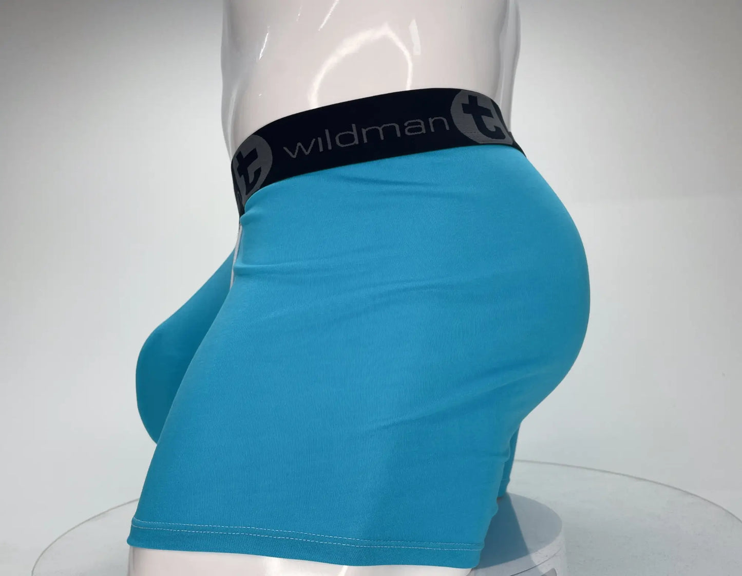 Bright blue modal boxer briefs with 5 inch inseam and black wildman waistband for athletic support