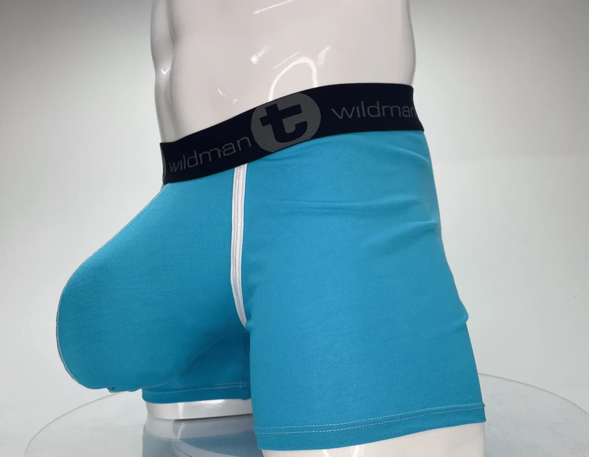Bright blue wildman modal boxer briefs with black waistband white side stitching and 5 inch inseam baby blue color