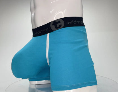 Bright blue wildman modal boxer briefs with black waistband white side stitching and 5 inch inseam baby blue color