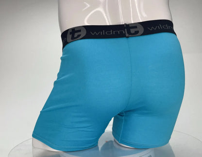Bright blue wildmant modal boxer briefs with black elastic waistband and wildman logo 5 inch inseam baby blue color