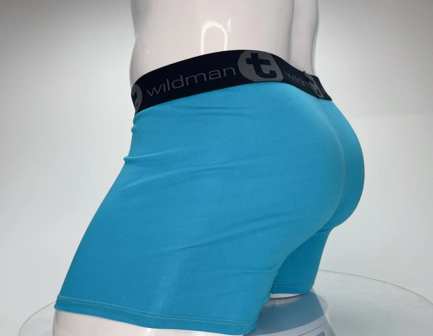 Bright blue wildman modal monster cock boxer briefs with black waistband and stylized t emblem in baby blue