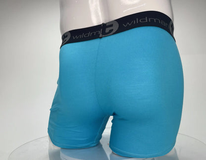 Bright blue modal wildmanT boxer briefs with 5 inch inseam and black waistband featuring wildman logo in gray