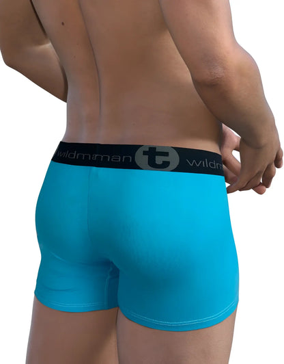 Bright turquoise wildman modal boxer briefs with black waistband and 5 inch inseam in baby blue color