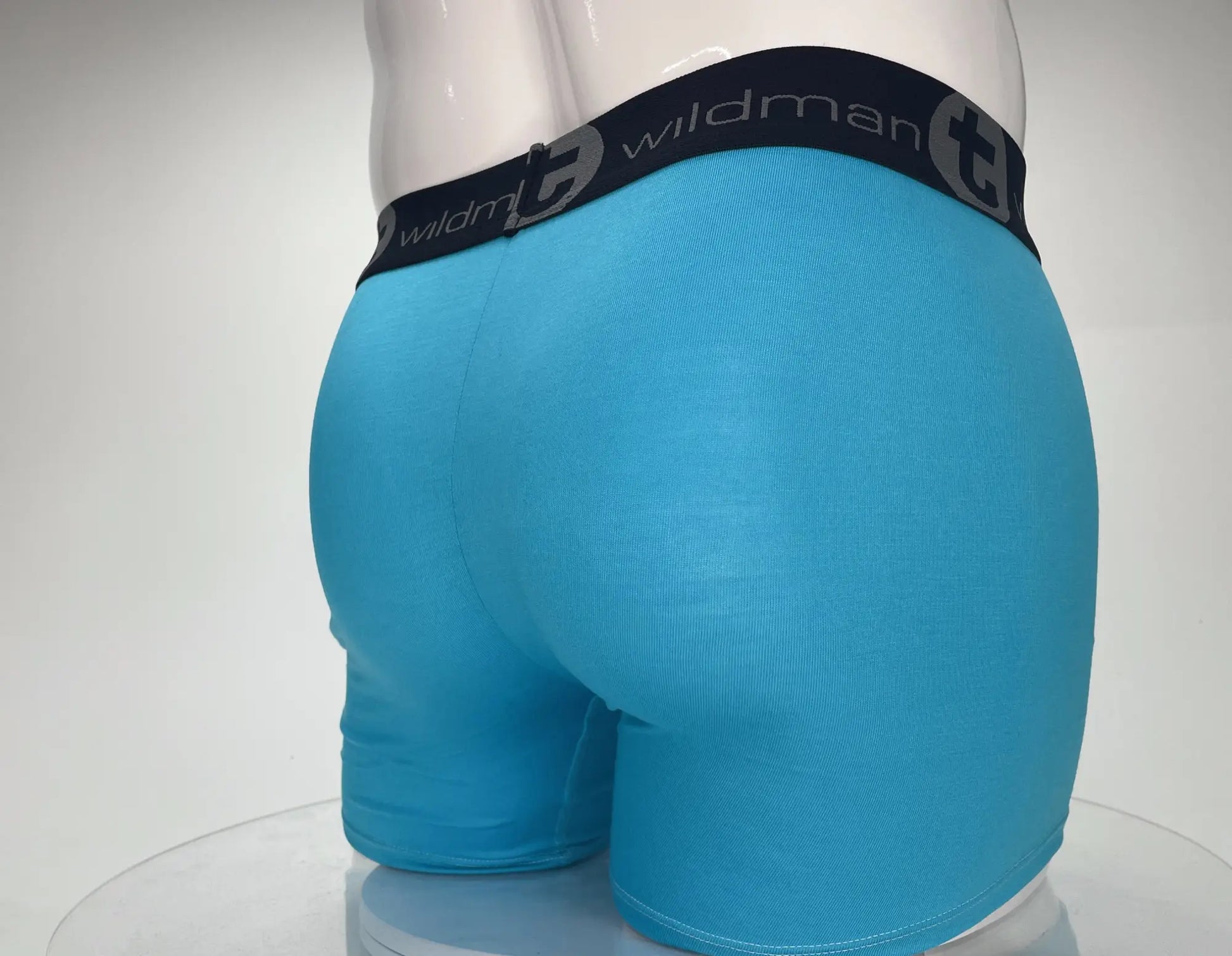 Bright blue wildman brand modal boxer briefs with 5 inch inseam and black waistband featuring logo