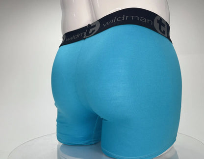 Bright blue wildman brand modal boxer briefs with 5 inch inseam and black waistband featuring logo