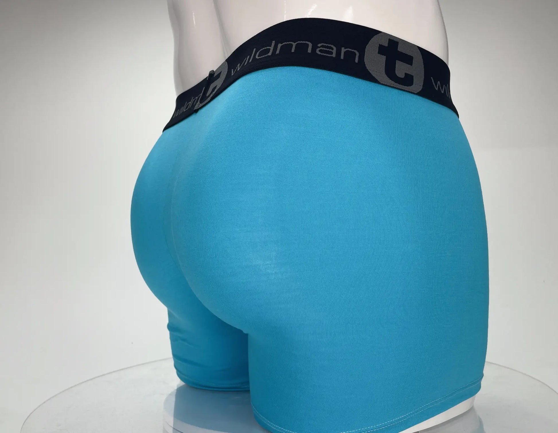 Bright blue wildman modal boxer briefs with black waistband featuring brand logo and 5 inch inseam in baby blue