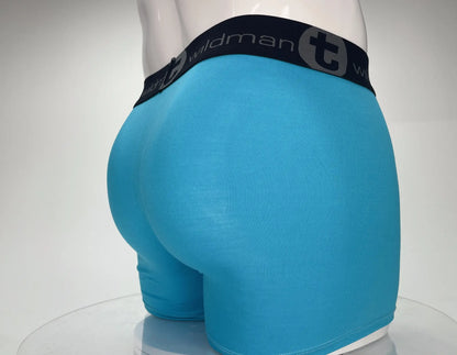 Bright blue wildman modal boxer briefs with black waistband featuring brand logo and 5 inch inseam in baby blue