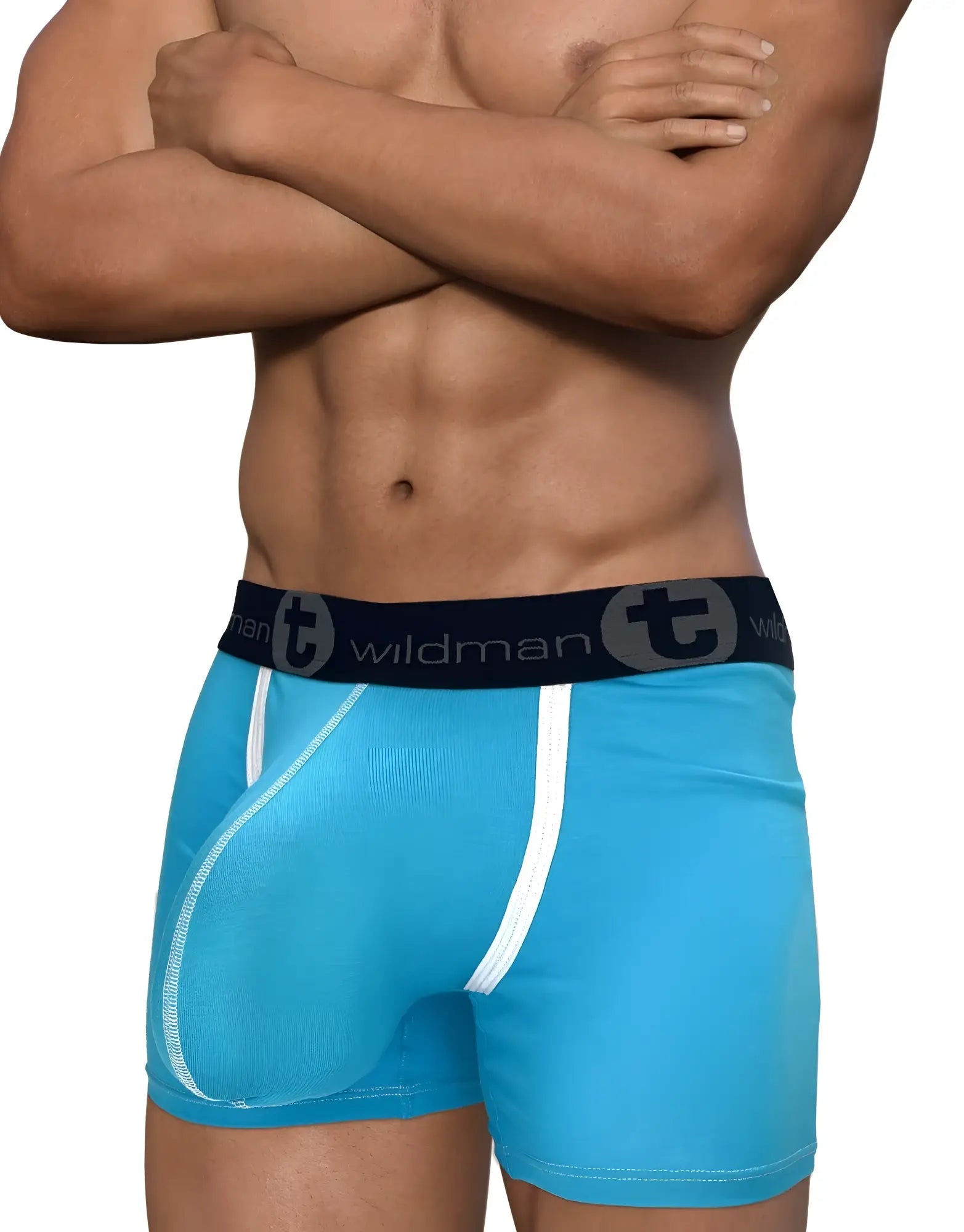 Bright blue wildmanT modal boxer briefs with white stitching and black waistband featuring the brand logo