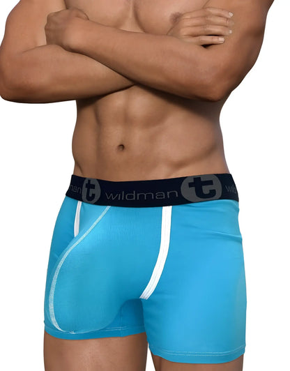 Bright blue wildmanT modal boxer briefs with white stitching and black waistband featuring the brand logo