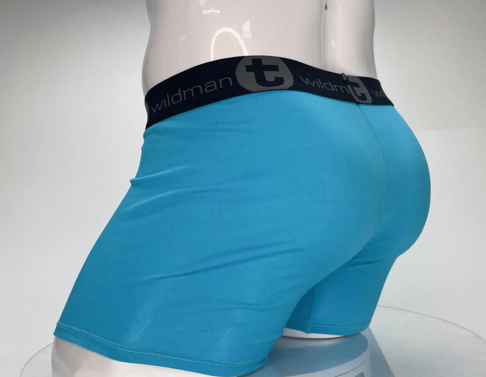 Bright blue wildmanT modal boxer briefs with 5 inch inseam and black elastic waistband featuring brand logo