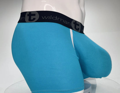 Turquoise blue wildman modal monster cock 5 inch inseam boxer briefs with black waistband and gray t emblem