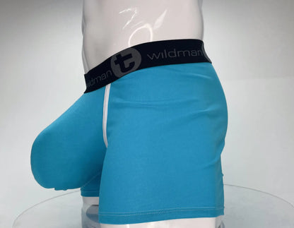 Turquoise blue wildmanT modal monster cock 5 inch inseam boxer brief with black waistband and white side stitching