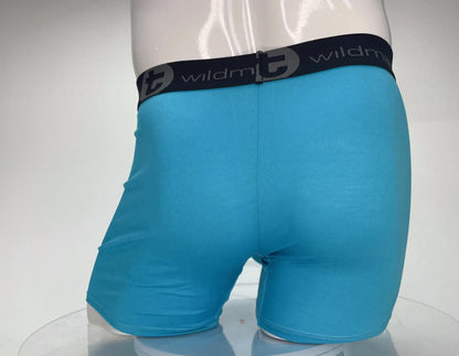 Turquoise blue modal stretch boxer briefs with black elastic wildm waistband 5 inch inseam baby blue wildmant