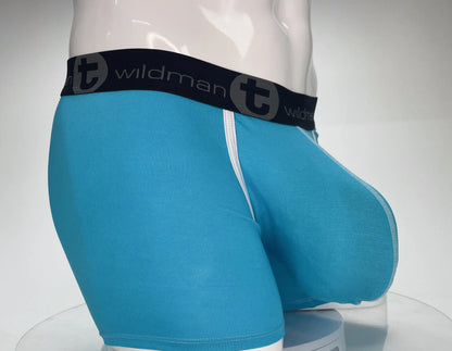Blue wildman men’s modal boxer briefs baby blue with black elastic waistband featuring t logo and brand name