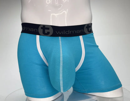 Blue wildman brand modal boxer briefs in baby blue with white trim and black waistband featuring brand logo